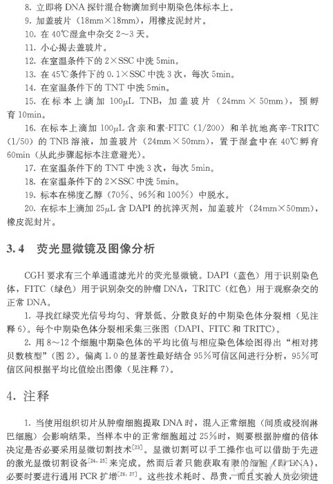 8 . 立即 将DNA探针混合物滴加到中期染色体标本上。 9 . 加 盖 玻 片 （18mmX 18mm)，用橡皮泥封片。 10. 在 40°C湿盒中杂交2〜3 天 。 11. 小心揭去盖玻片。 12. 在室温条件下的2X SSC 中 洗 5min。 13. 在 45°C条件下的0. IX S S C 中 洗 3 次 ，每 次 5min。 14. 在室温条件下的T N T 中 洗 5min。 15. 在 标 本 上 滴 加 IOOjuL TNB，加 盖 玻 片 （ 24mm X 50mm) ，预孵 育 IOmin0 16. 在 标 本 上 滴 加 IOOiLtL含亲和素-FITC (1/200)和羊抗地高辛-TRITC (1/50)的 T N B 溶 液 ，加 盖 玻 片 （24m m X 50mm) ，置 于 湿 盒 中 在 40°C 孵育 60min (从此步骤起标本注意避光)。 17. 在室温条件下的T N T 中 洗 3 次 ，每 次 5min。 18. 在室温条件下的2X SSC 中 洗 5min。 19. 标 本 在 梯 度 乙 醇 （7 0 % 、 9 6 % 和 1 0 0 % ) 中脱水。 20. 在标本上滴加25p L 含 D A PI的抗萍灭剂，加 盖 玻 片 （24m m X 50mm) ， 橡皮泥封片。 3 . 4 荧光显微镜及图像分析 CG H 要求有三个单通道滤光片的荧光显微镜。 DAPI (蓝色）用于识别染色 体 ， FITC (绿色）用于识别杂交的肿瘤DNA， TRITC (红色）用于观察杂交的 正 常 DNA。 1 . 寻找红绿荧光信号均匀、背景低、分 散 良 好 的 中 期 染 色 体 分 裂 相 （见注 释 6)。每个中期染色体分裂相采集三张图（DAPI、 FITC 和 TRITC)。 2 . 用 8〜12个细胞中期染色体的平均比值与相应染色体绘图得出“相对拷 贝数核型”（图 2)。偏 离 1.0的显著性最好结合9 5 % 可信区间进行分析， 9 5 % 可 信区间根据平均比值绘出图像（见 注 释 7)。 4 . 注释 1 . 当使用组织切片从肿瘤细胞提取DNA时 ，混 入 正 常 细 胞 （间质或浸润淋 巴细胞）会影响结果。当样本中的正常细胞超过2 5 % 时 ，则要根据肿瘤的倍体 决定是否必要采用显微切割技术[23]。显微切割可以手工操作也可以借助于先进 的激光显微切割设备[24,25]来 完 成 。然 而 后 者 只 能 获 取 有 限 的 细 胞 （即 DNA)， 必要时要进行通用PCR扩增[26’27]。这些技术耗时、昂贵，而且实验人员必须进