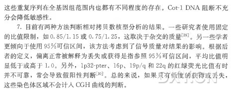 这些重复序列在全基因组范围内也都有不同程度的存在。 Cot-1 D N A 阻断不充 分会降低敏感性。 7 . 目前有两种方法判断相对拷贝数核型分析的结果。一些研究者使用固定 的比值限制，如 0.85/1.15或 0.75/1. 2 5 , 这 取 决 于 杂 交 的 质 量 。另一些学者 更倾向于使用9 5 % 可信区间，该方法考虑到了信号质量对结果的影响。根据后 者的定义，偏离正常被解释为丢失或获得是指参照9 5 % 可信区间，平均比值明 显低于或高于1.0。另 外 ， lp 32-pter、 16p、 19p /q 和 22q 的红绿荧光比值有时 并不可靠，常会导致假阳性判断[3°]。总的来说，如果只有低度的获得或丢失， 这些染色体区域不会计入C G H 曲线的判断。