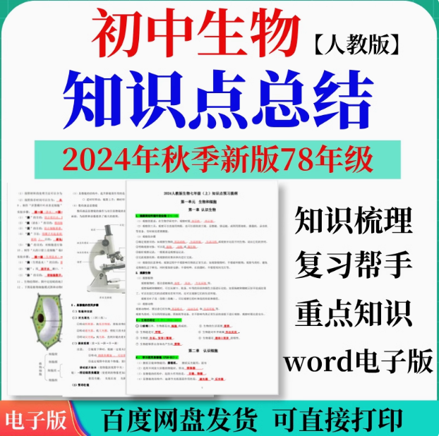 2024秋季新版人教版初中生物八年级（初二）下册知识点总结电子版资料